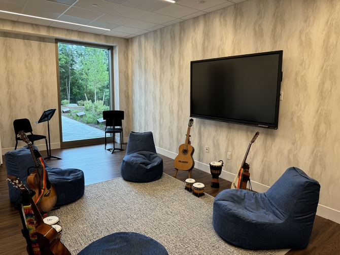 Luminated room with nice furniture and several different instruments